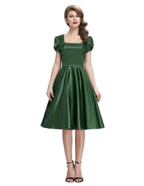 Elegant Retro Satin Square Neck Rucherd Pleated A Line Dress Hollowed