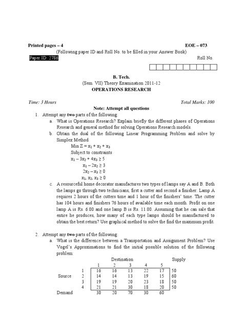 Operations Research Question Paper Pdf Matrix Mathematics Linear Programming