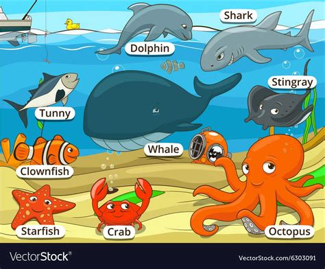 Underwater animals and fish with names cartoon Vector Image | Cartoon ...