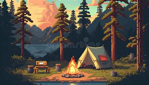 Pixel Art Illustration Of A Campfire In The Forest With A Tent Stock