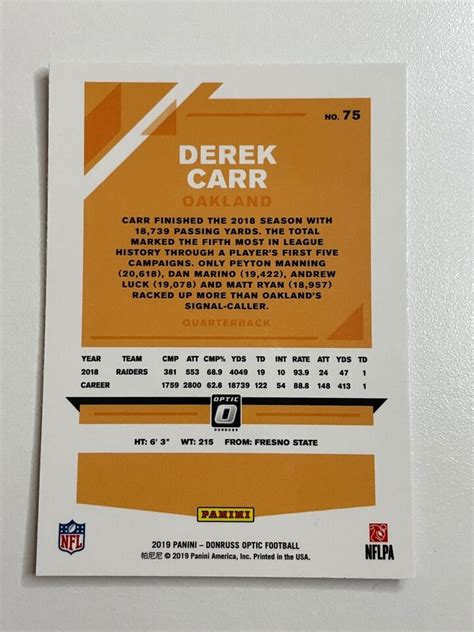 Derek Carr 2019 Panini Donruss Optic Football 75 Oakland Raiders Las