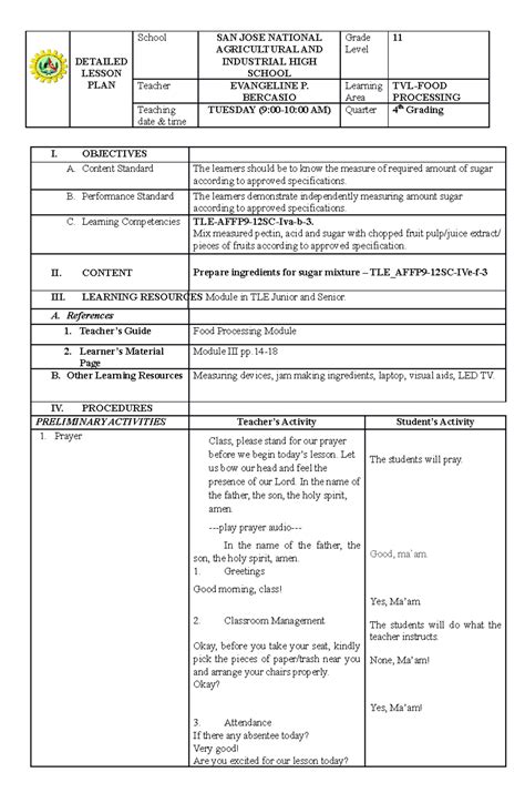 tvl demo  dll detailed lesson plan school san jose national