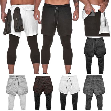 Mans 2 In 1 Compression Gym Workout Training Liner Phone Pocket Shorts Pants Ebay