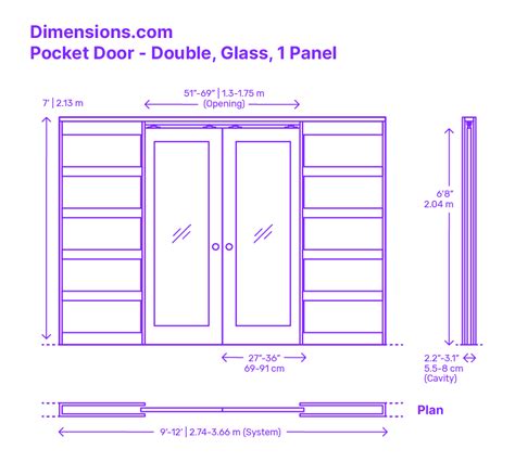 Pocket Door - Double, Glass, 1 Panel Dimensions & Drawings | Dimensions.com