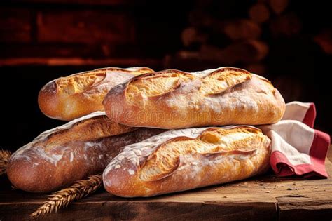 Freshly Baked Crispy French Baguettes Lie On A Wooden Table