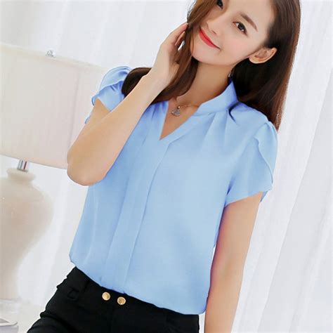 Chiffon Blouse Feminine Top Short Sleeve Elegant Formal 5 Colors Stars And Stripes Design