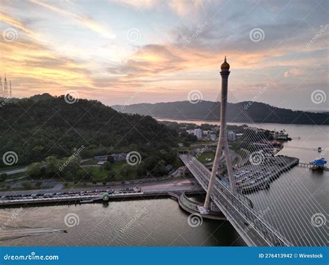 raja isteri pengiran anak hajah saleha bridge  sunset  brunei stock