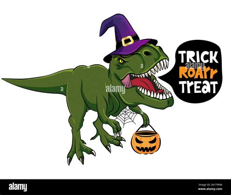 Trick Roar Treat T Rex Tyrannosaurus With Witch Costume Cute Roaring