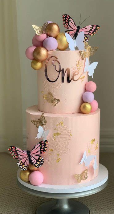 Baby Girl First Birthday Cake Ideas Two Tiered Pink Cake Adorned