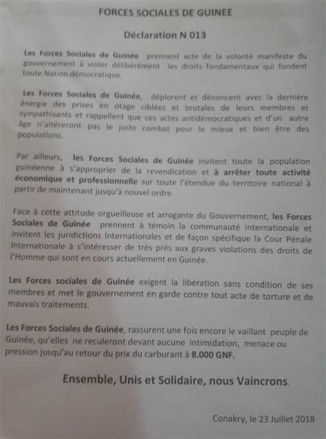 Communiqué Les Forces Sociales de Guinée appelle à la revendication et