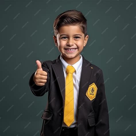 Premium Photo A Boy In A School Uniform With A Yellow Tie And A