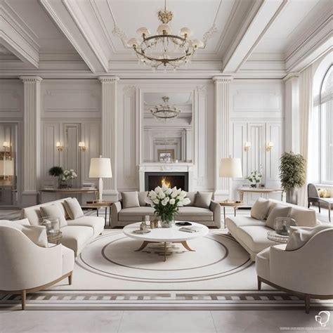 An Elegant Living Room With White Furniture And Chandelier