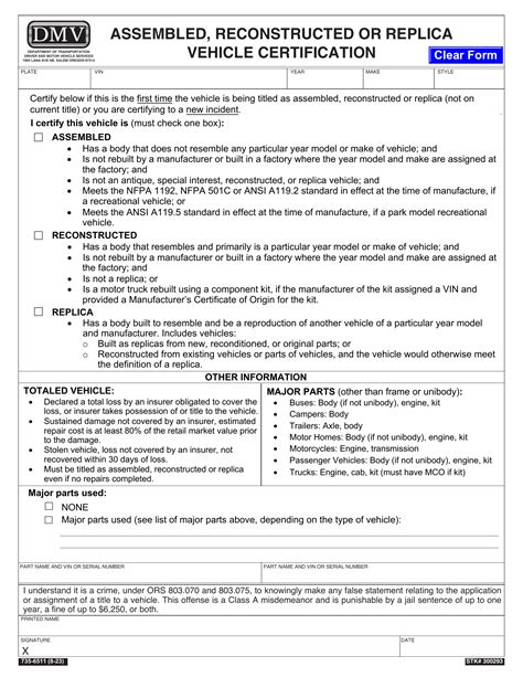 Oregon Dmv Form 735 6511 Assembled Reconstructed Or Replica Vehicle