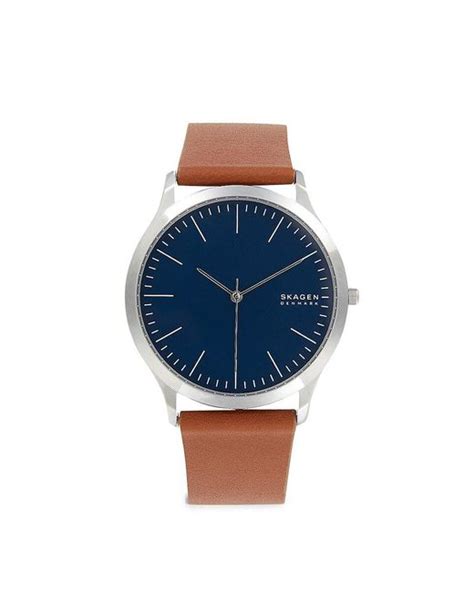 Skagen 41mm Stainless Steel Leather Strap Watch in Blue for Men | Lyst