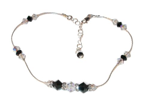 Swarovski Crystal Anklet Sterling Silver Clear Ab And Jet Black