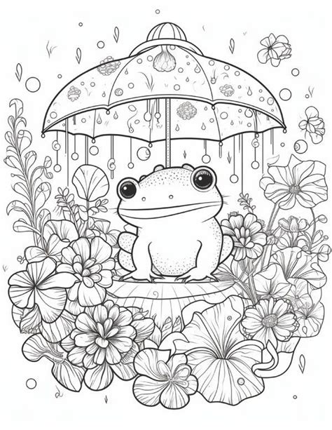 A Frog Sitting Under An Umbrella In The Rain With Flowers And