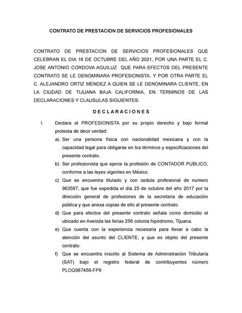 Contrato De Prestacion De Servicios Profesionales Contrato De