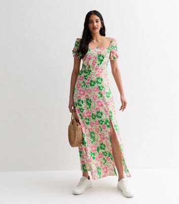 Green Floral Puff Sleeve Cotton Maxi Dress New Look