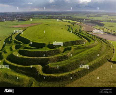 Aerial view of Maiden Castle, the largest Iron Age Hillfort in Britain ...