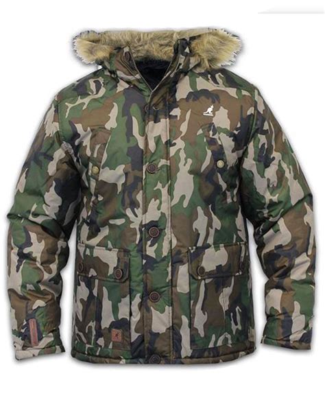 Kangol Mens Camo Parka Jacket Ripstop Fabric Padded Lined Fur Hooded