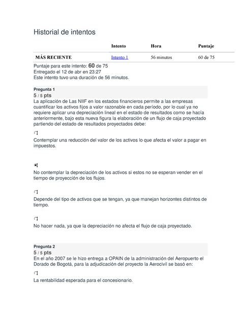 Parcial Semana Evaluacion De Proyectos Historial De Intentos