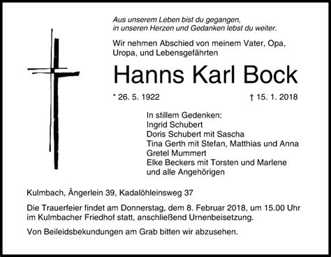 Hanns Karl Bock Traueranzeige Trauer InFranken De