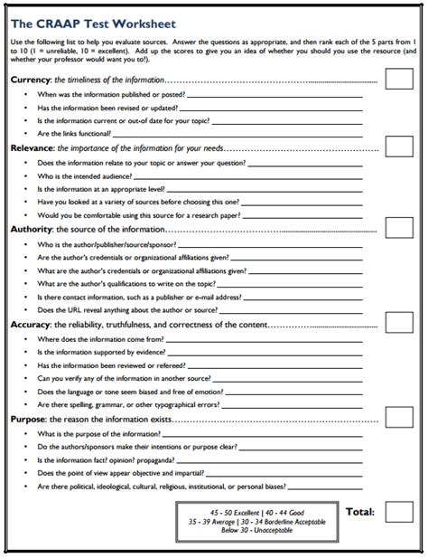 Craap Test Worksheet Chart Sheet Gallery