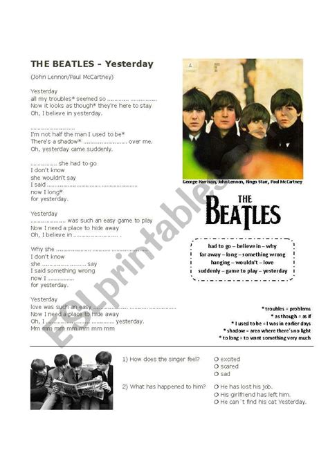 Yesterday By The Beatles Listening Exercise ESL Worksheet By