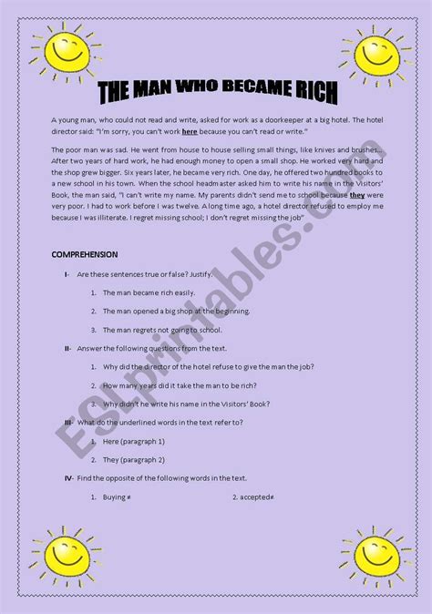 The Man Who Became Rich Esl Worksheet By Andalous