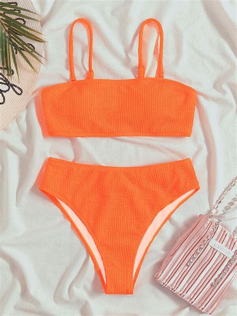 SHEIN Swim Vcay Neon Orange Textured Bikini Set Wireless Bra Top High