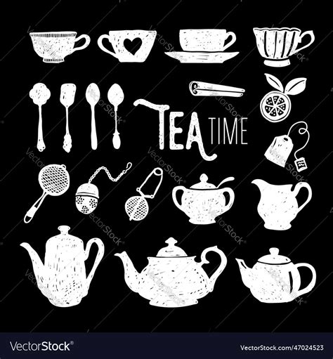 Monochrome Tea Time Doodle Elements On Black Vector Image