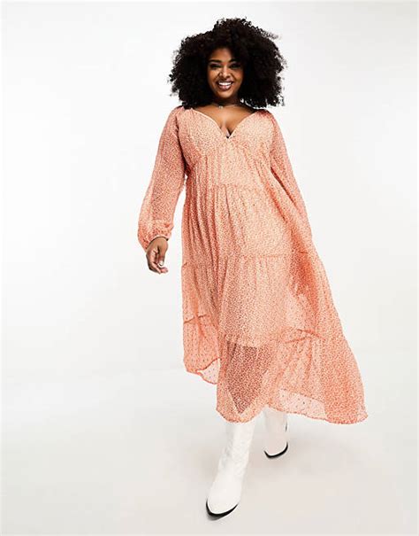 Asos Design Curve Lurex Chiffon V Neck Long Sleeve Tier Midi Smock