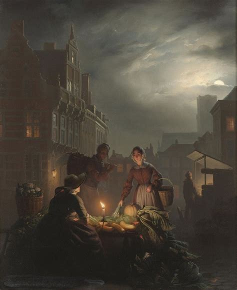 Petrus Van Schendel A Market Stall By Candlelight Moonlight Painting