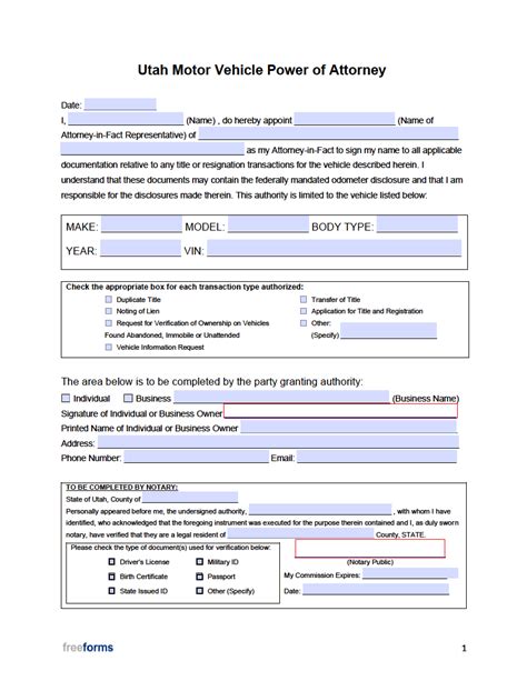 Free Utah Motor Vehicle Power Of Attorney Form Pdf Word