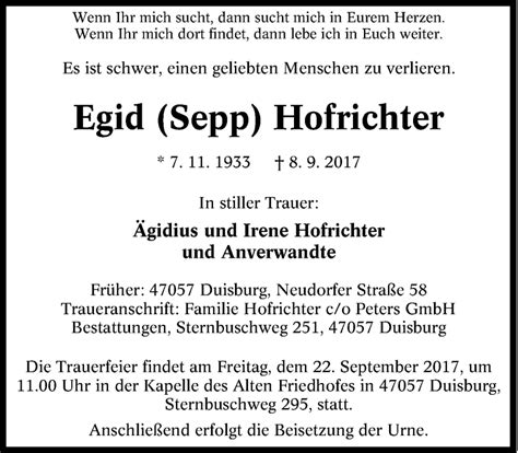 Traueranzeigen Von Egid Hofrichter Trauer In NRW De