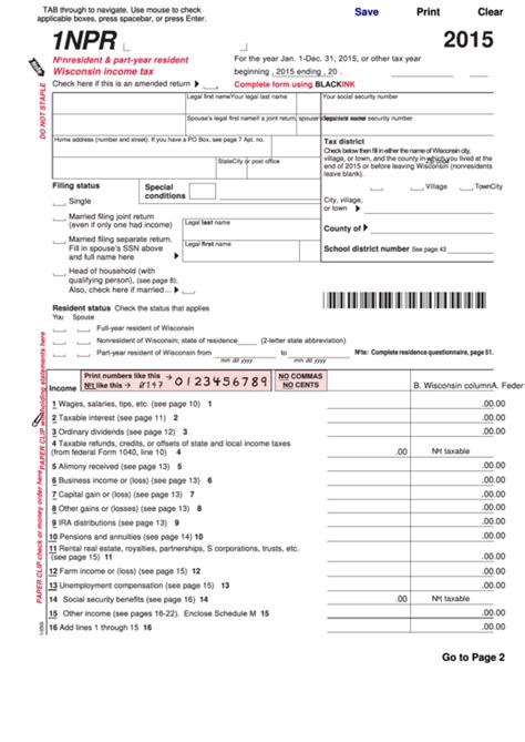 Fillable Form 1npr Nonresident And Part Year Resident Wisconsin Income Tax 2015 Printable