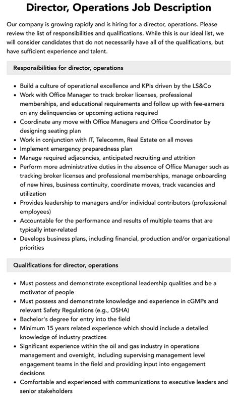 Director Operations Job Description Velvet Jobs