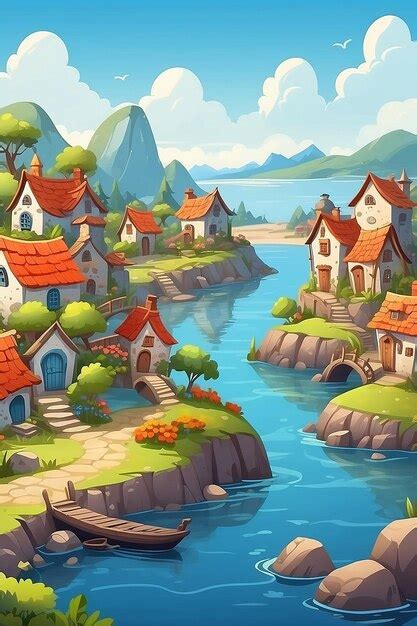 Premium Photo Coastal Cartoon Village Landscape Background