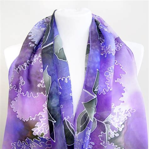 Purple Scarf Silk Lilac Scarves Hand Painted With Flowers Etsy