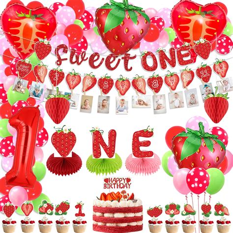 Strawberry 1st Birthday Decorations Include Sweet One Banner Monthly Photo Banner Strawberry