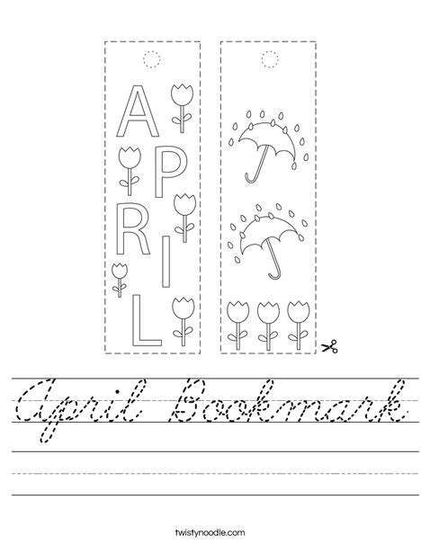 April Bookmark Worksheet - Cursive - Twisty Noodle