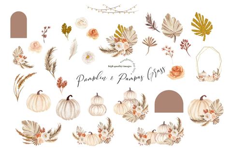 Gold Frame Pumpkin Pampas Grass Clipart Watercolor Bohemian Etsy