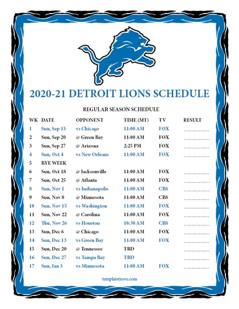 Detroit Lions Printable Schedule 2023 24