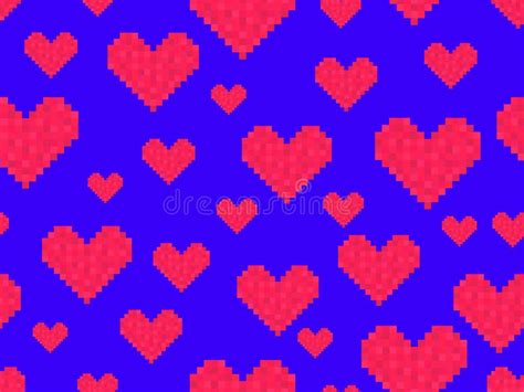 Pixel Art Hearts Seamless Pattern 8 Bit Red Hearts On Blue Background