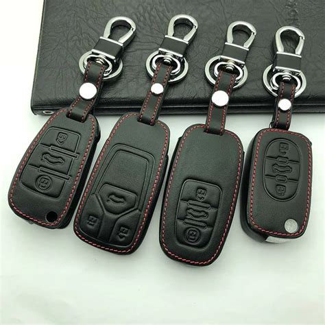 Genuine Leather Car Key Cover Button Key Ring Holder For Audi Sline