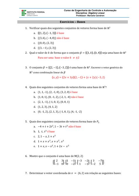 Exercícios 01 bases Exercicios de base ALGEBRA LINEAR Curso de