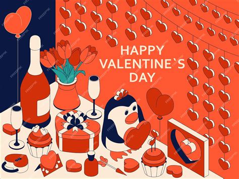 Premium Vector Happy Valentine Day With Cute Isometric Elements