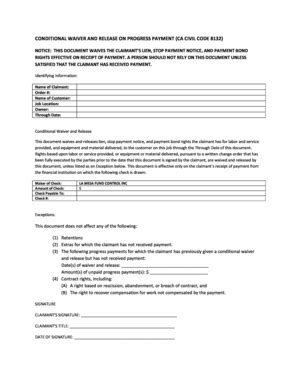 Fillable Online CONDITIONAL WAIVER AND RELEASE On Progress Payment