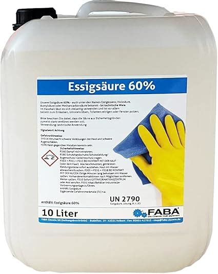 Essigsäure 60 Essigessenz C2H4O2 Reiniger Entkalker 10 Liter Amazon