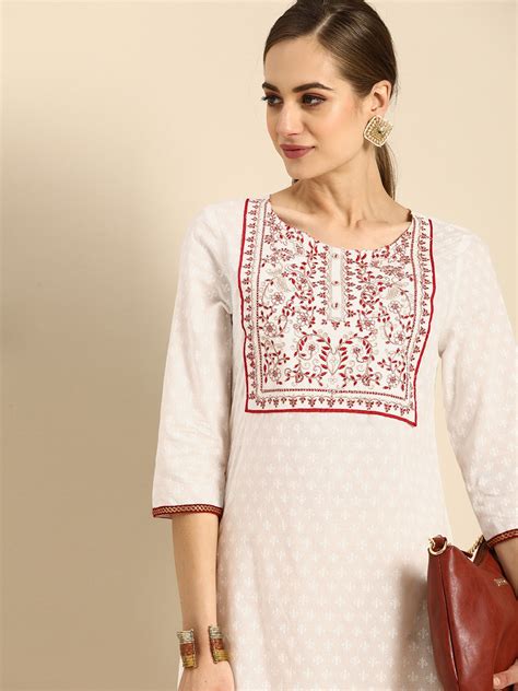 Buy Anouk Women White And Red Ethnic Motifs Cotton Yoke Design Kurta